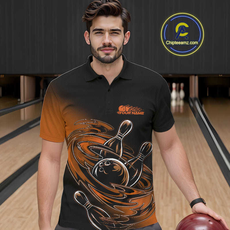 Custom Black And Orange Flame Bowling Polo Shirts For Men, Team Bowling League Shirt IPHW9779