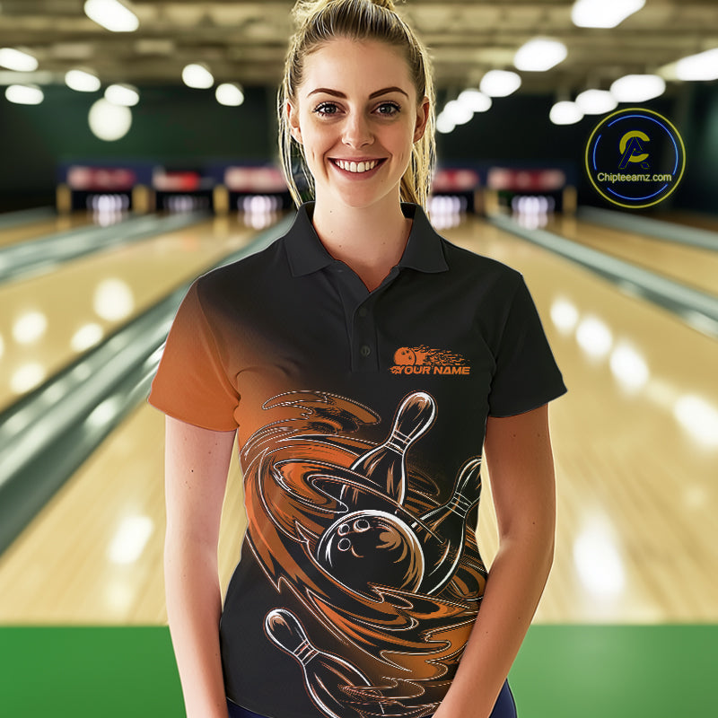 Custom Black And Orange Flame Bowling Polo Shirts For Women, Team Bowling League Shirt IPHW9779