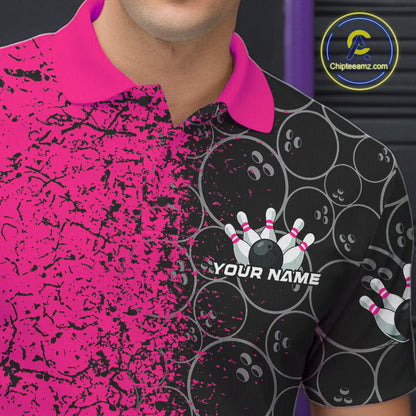Custom Black And Pink Splatter Bowling Ball Pattern Bowling Team Polo Shirts For Men IPHW9789