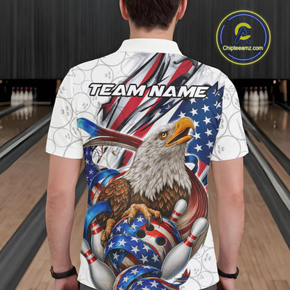 Custom Patriotic US Flag Eagle Bowling Men Shirt, USA Bowling Team League Shirt IPHW10163