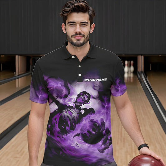Custom Black And Purple Flame Skeleton Bowling Polo Shirts For Men, Skull Bowling Team Shirt IPHW8464