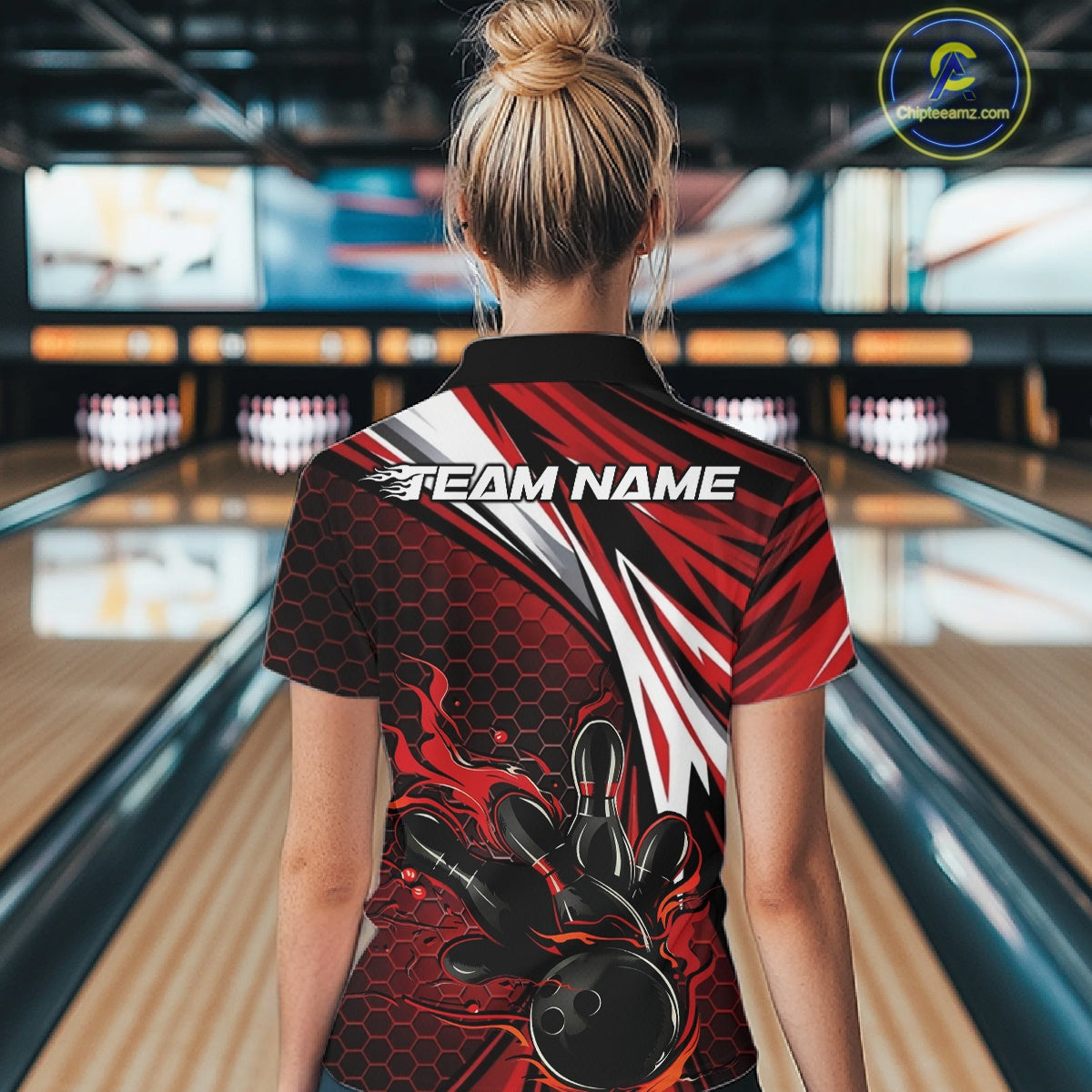 Custom Red Flame Bowling Jerseys For Women, Hexagon Bowling Team Tournament Shirt IPHW10556