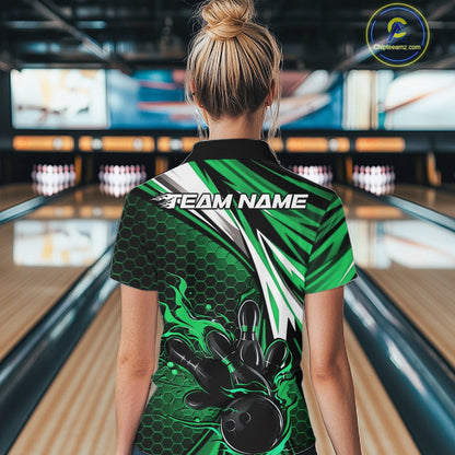 Custom Green Flame Bowling Jerseys For Women, Hexagon Bowling Team Tournament Shirt IPHW10558