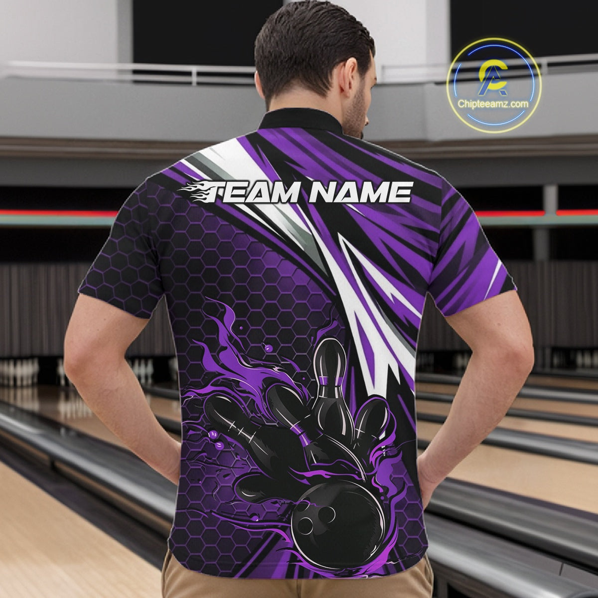 Custom Purple Flame Bowling Jerseys For Men, Hexagon Bowling Team Tournament Shirt IPHW10559