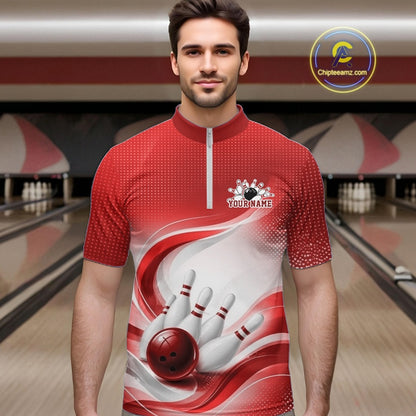 White and red bowling quarter-zip worn by a male model, featuring sweeping wave accents and a glossy bowling scene