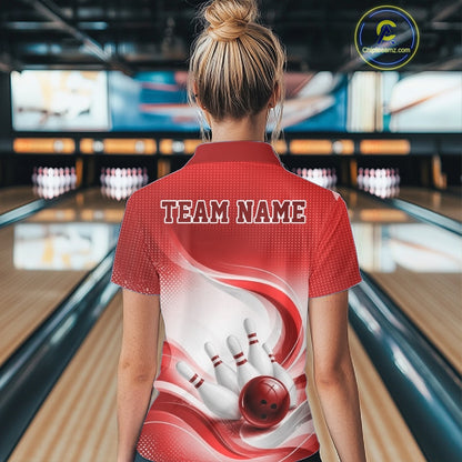 Womens white and red bowling quarter-zip shirt shown from the back, highlighting abstract wave graphics and bowling-inspired artwork