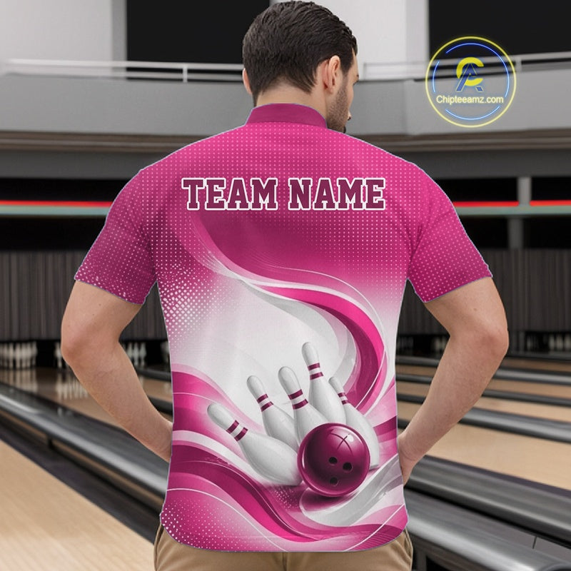 White and pink bowling quarter-zip shirt on a male model, showcasing flowing wave motifs and a bowling ball crashing into pins
