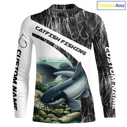 Gray Camo Custom Catfish Fishing Long Sleeve Fishing Shirts, Catfish Fishing Jerseys IPHW7016