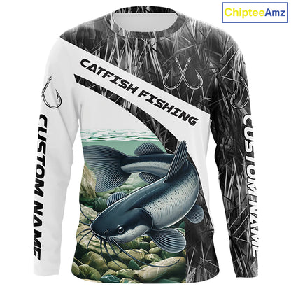 Gray Camo Custom Catfish Fishing Long Sleeve Fishing Shirts, Catfish Fishing Jerseys IPHW7016