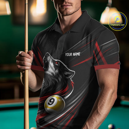 Custom Black And Red Wolf 9 Ball Billiards Men Polo Shirt, Billiards Team Jersey IPHW11672