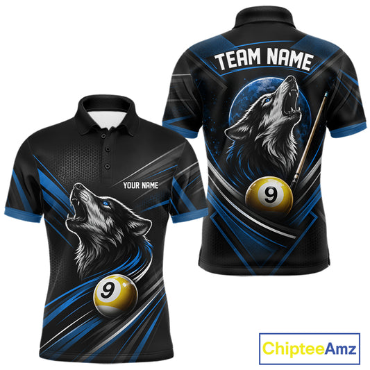 Custom Black And Blue Wolf 9 Ball Billiards Men Polo Shirt, Billiards Team Jersey IPHW11673