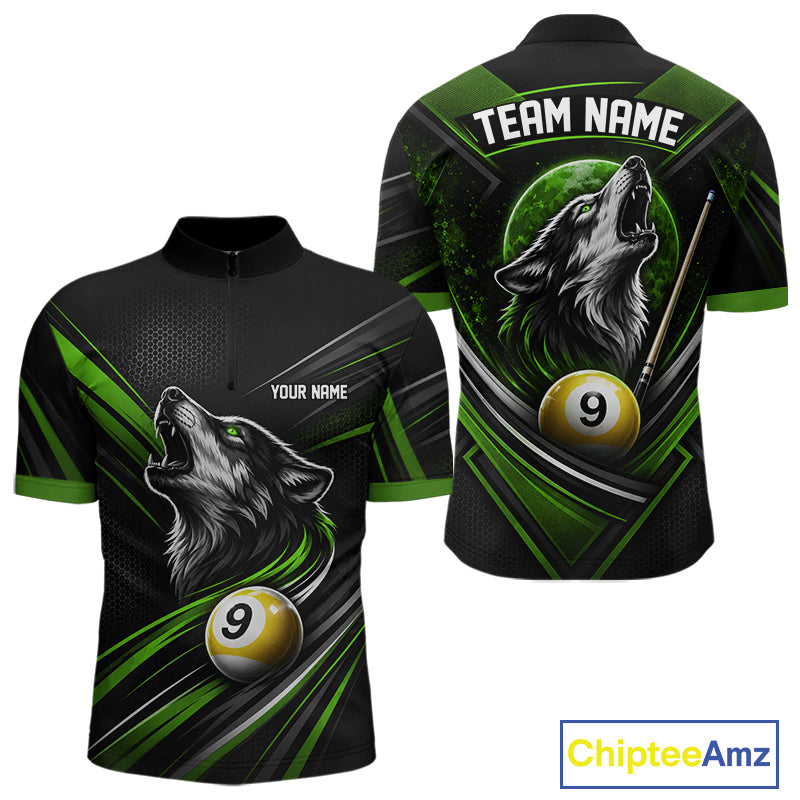 Custom Black And Green Wolf 9 Ball Billiards Men Quarter Zip Shirt, Billiards Team Jersey IPHW11674