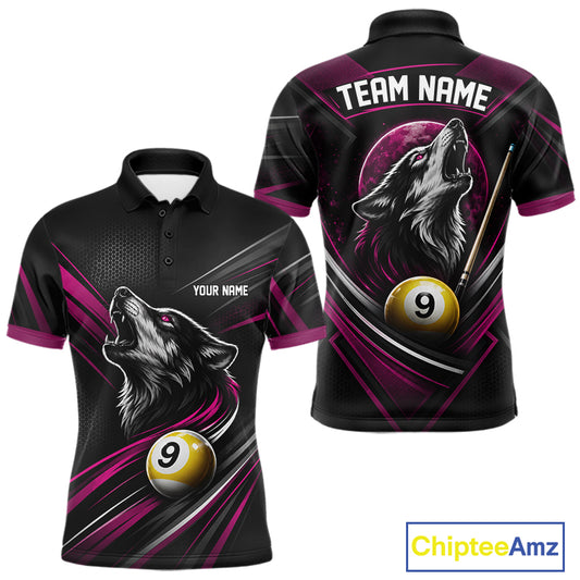 Custom Black And Pink Wolf 9 Ball Billiards Men Polo Shirt, Billiards Team Jersey IPHW11675