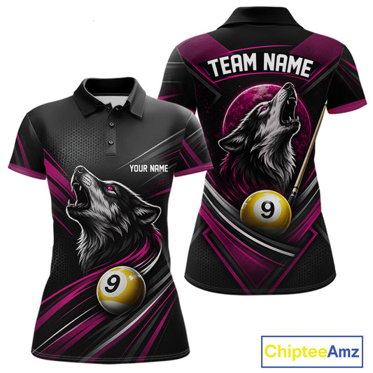 Custom Black And Pink Wolf 9 Ball Billiards Women Polo Shirt, Billiards Team Jersey IPHW11675