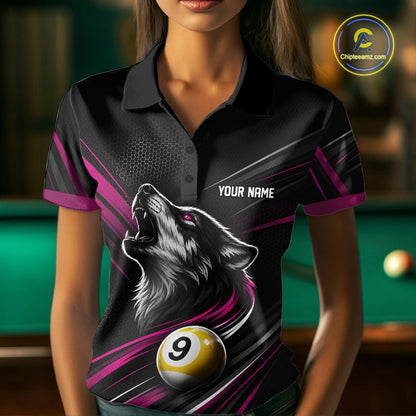 Custom Black And Pink Wolf 9 Ball Billiards Women Polo Shirt, Billiards Team Jersey IPHW11675
