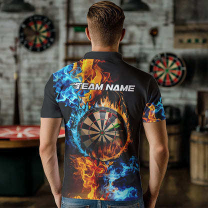Custom Blue And Orange Flame Dart Polo Shirts For Men, Fire Dart Jerseys Dart Team Shirt IPHW8492
