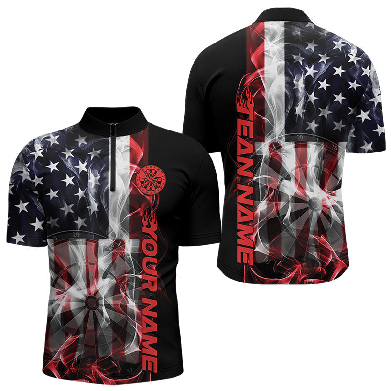 Custom Ameircan Flag Flame US Dart Quarter-Zip Shirts For Men, Patriotic Dart Team Shirt IPHW8510