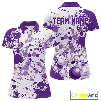 Custom Purple Splatter Bowling Team League Shirts For Women, Bowling Jerseys Bowler Outfit IPHW10595