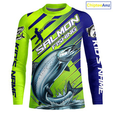 Load image into Gallery viewer, Chinook Salmon Custom Long Sleeve Fishing Shirts, Salmon Fisherman Fishing Jerseys | Green And Blue IPHW6209