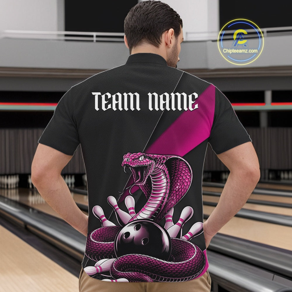 Front view of a black mens bowling quarter-zip showcasing a pink cobra, bowling ball, and scattered pin graphics.