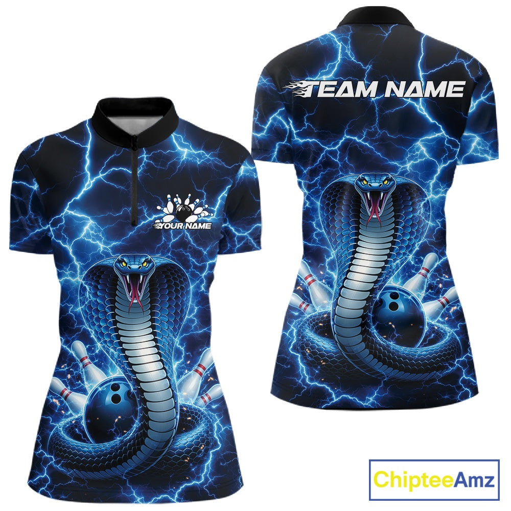 Front and back womens bowling quarter-zip featuring a blue cobra coiled around a bowling ball with striking lightning background artwork.