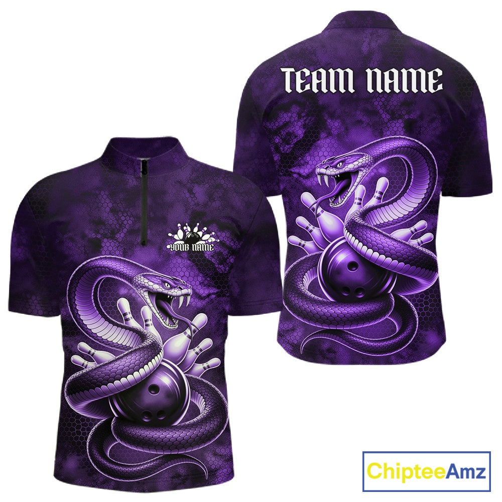 Front and back mens bowling quarter-zip featuring a purple cobra coiled around a bowling ball with scattered pins in dark fantasy style.