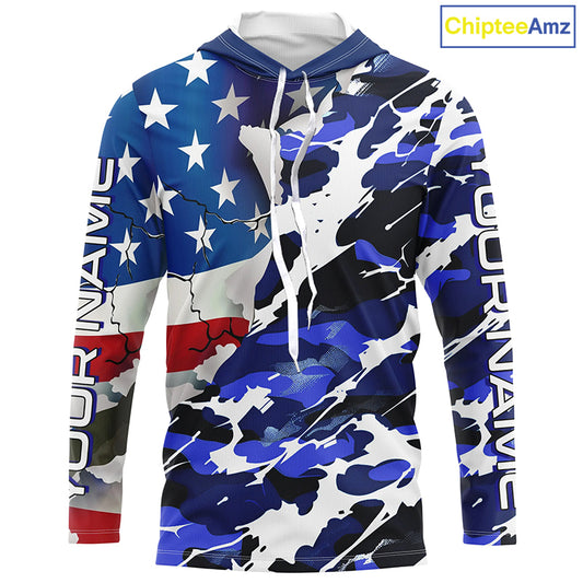Custom American Flag Blue Camo Long Sleeve Shirts, Patriotic Performance Fishing Shirts IPHW6535