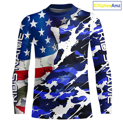Custom American Flag Blue Camo Long Sleeve Shirts, Patriotic Performance Fishing Shirts IPHW6535