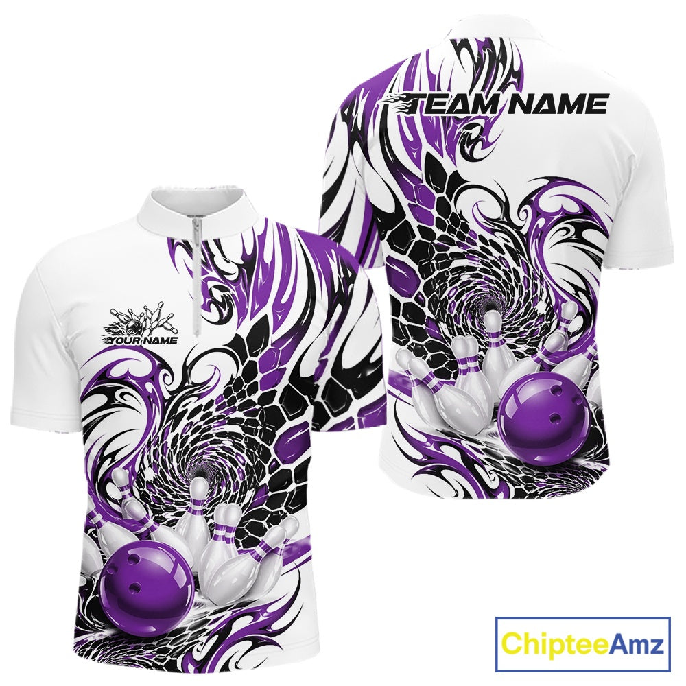 Front and back mockup of a mens white bowling quarter zip featuring purple and black tribal scale graphics with a glossy red bowling ball striking pins
