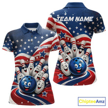 Load image into Gallery viewer, Front and back view of a women's bowling polo shirt mockup showcasing a funny bowling ball surrounded by cheerful animated pins with flowing American flag waves and scattered stars.