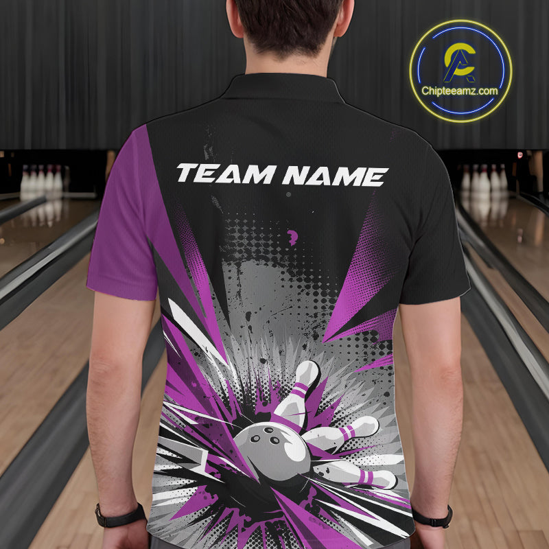 Custom Black And Purple Grunge Bowling Ball And Pins Explosion Team Polo Shirts For Men IPHW9549