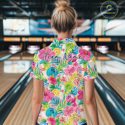 Custom Summer Tropical Flower Bowling Team Women Quarter-Zip Shirt, Floral Bowling Shirt IPHW11689