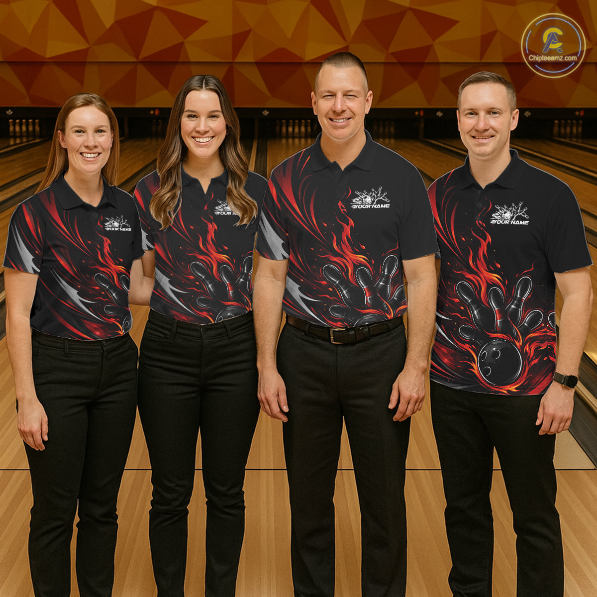 Custom Black And Red Fire Flame Bowling Men Jerseys, Bowling League Polo Shirt IPHW10308