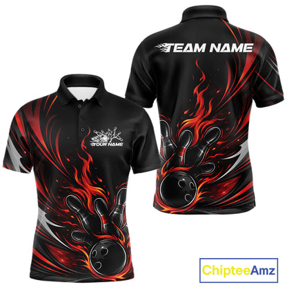 Custom Black And Red Fire Flame Bowling Men Jerseys, Bowling League Polo Shirt IPHW10308