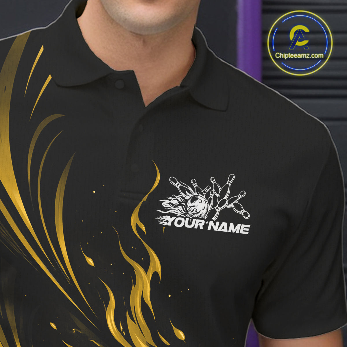 Custom Black And Yellow Fire Flame Bowling Men Jerseys, Bowling League Polo Shirt IPHW10310