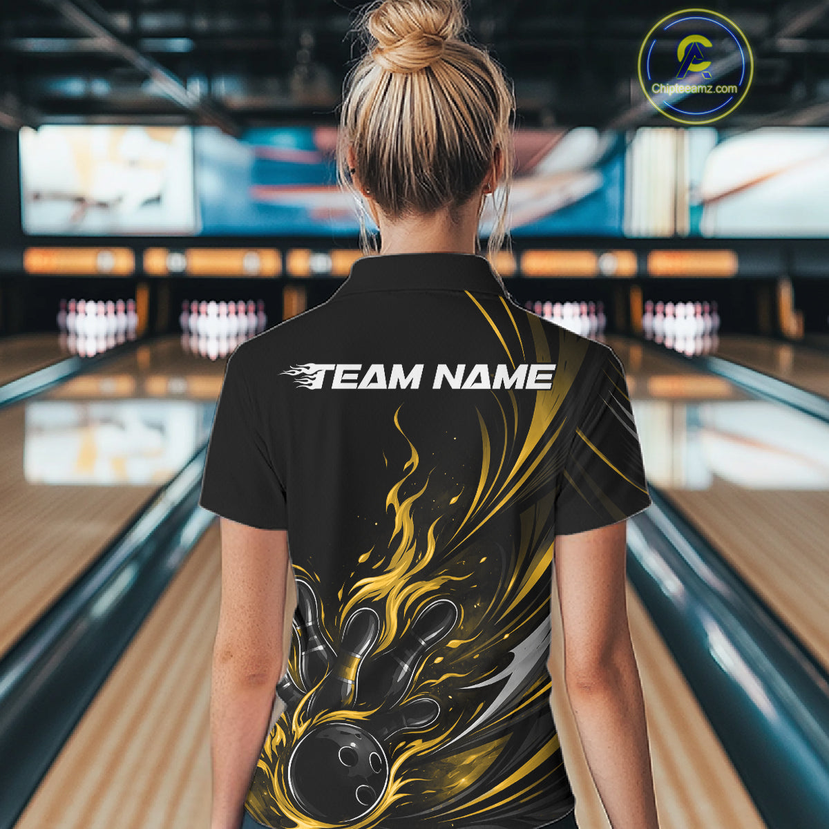 Custom Black And Yellow Fire Flame Bowling Women Jerseys, Bowling League Polo Shirt IPHW10310