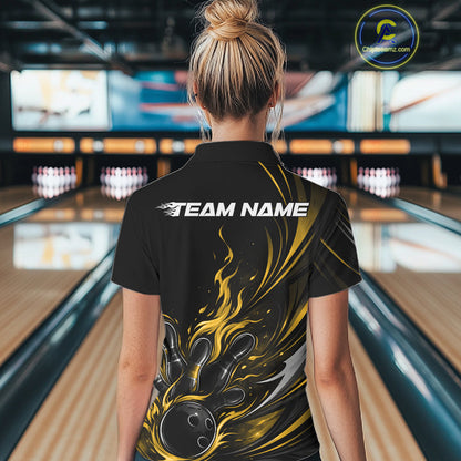 Custom Black And Yellow Fire Flame Bowling Women Jerseys, Bowling League Polo Shirt IPHW10310