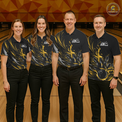 Custom Black And Yellow Fire Flame Bowling Men Jerseys, Bowling League Polo Shirt IPHW10310