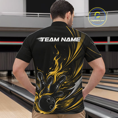 Custom Black And Yellow Fire Flame Bowling Men Jerseys, Bowling League Quarter-Zip Shirt IPHW10310