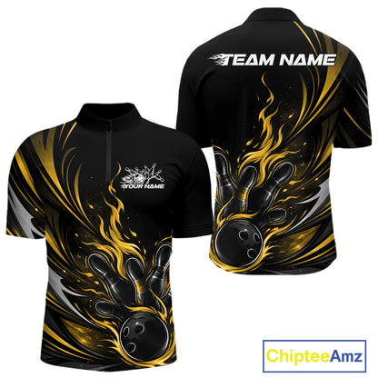 Custom Black And Yellow Fire Flame Bowling Men Jerseys, Bowling League Quarter-Zip Shirt IPHW10310