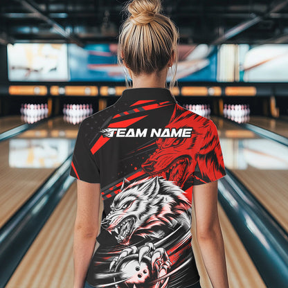 Custom Black And Red Wolf Bowling Women Polo Shirts, Wolf Bowling League Shirt Team Uniform IPHW8714