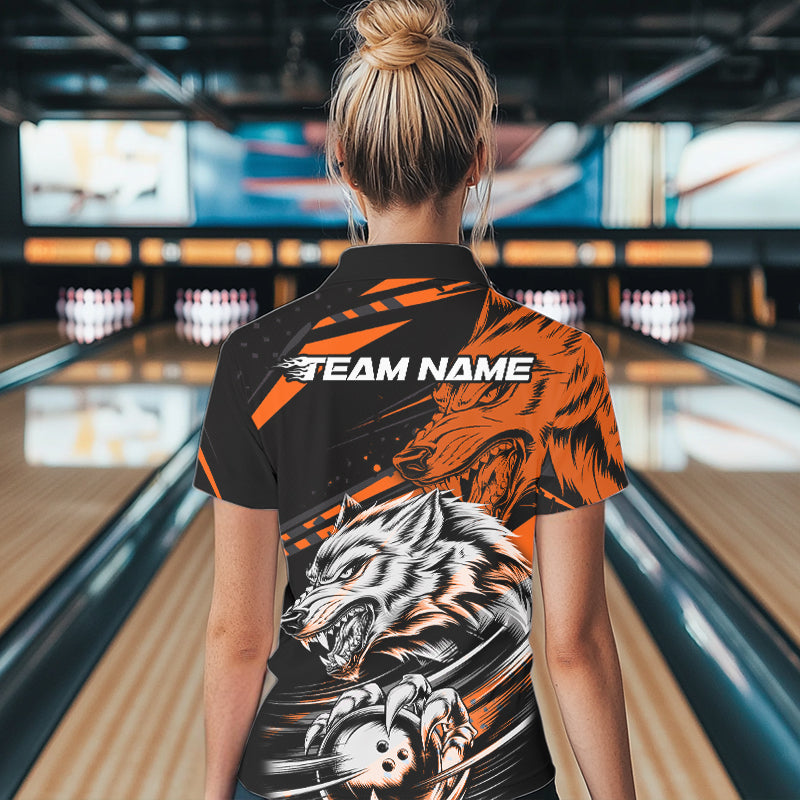Custom Black And Orange Wolf Bowling Women Polo Shirts, Wolf Bowling League Team Shirt IPHW8715