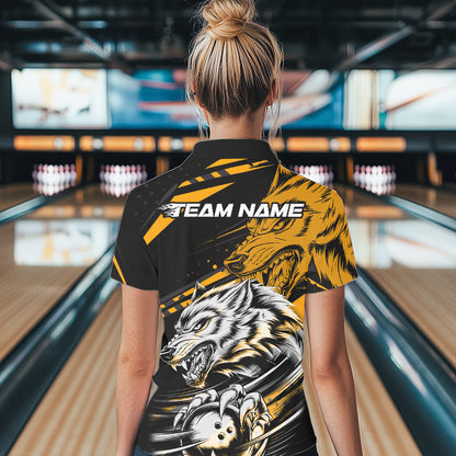 Custom Black And Yellow Wolf Bowling Women Polo Shirts, Wolf Bowling League Team Shirt IPHW8716