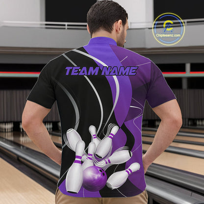 Custom Black And Purple Bowling Jerseys, Men Bowling Quarter-Zip Shirt Team Uniform IPHW9227