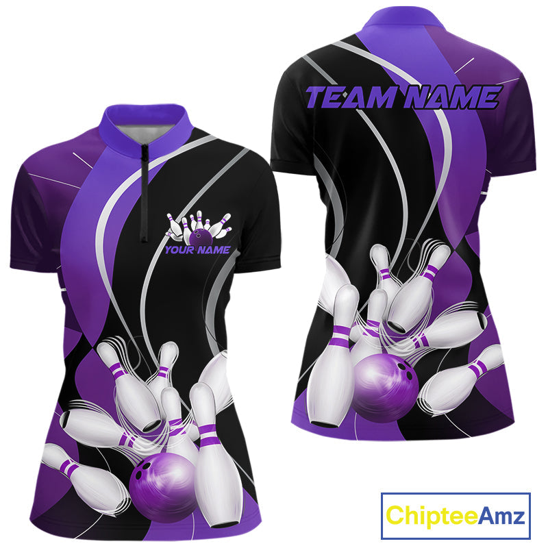 Custom Black And Purple Bowling Jerseys, Women Bowling Quarter-Zip Shirt Team Uniform IPHW9227
