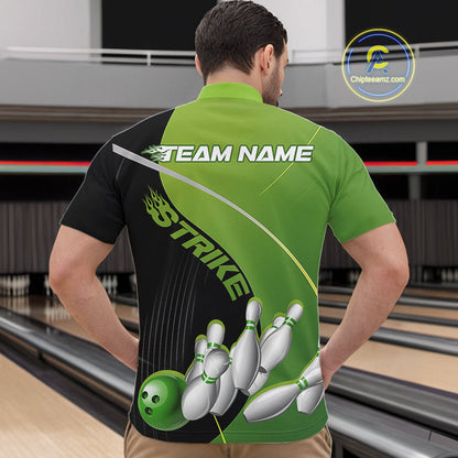 Custom Black And Green Strike Bowling Quarter-Zip Shirts For Men, Bowler Outfit Team Jerseys IPHW9228