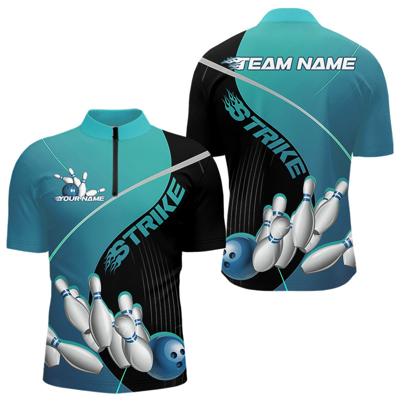 Custom Black And Blue Strike Bowling Quarter-Zip Shirts For Men, Bowler Outfit Team Jerseys IPHW9229