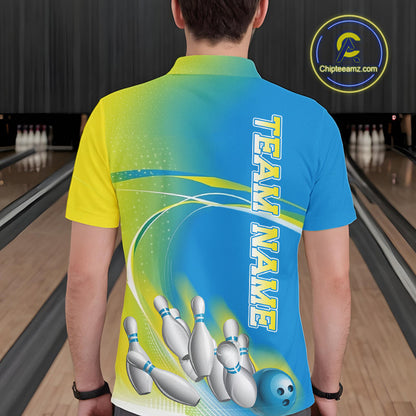 Custom Blue And Yellow Strike Bowling Polo Shirts For Men, Strike Bowling Team Jersey IPHW9233