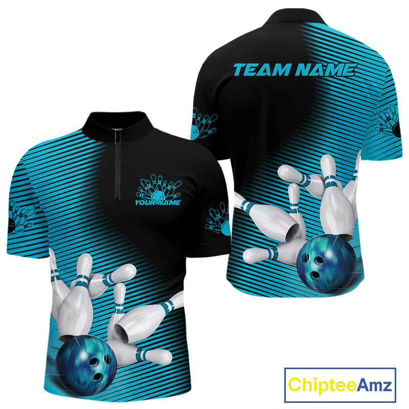 Custom Black And Blue Bowling Quarter-Zip Shirts For Men, Blue Bowling Jerseys IPHW9401
