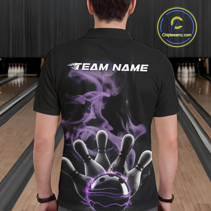 Custom Purple Smoke Bowling Polo Team Shirts For Men, Flame Bowling League Shirt IPHW9563